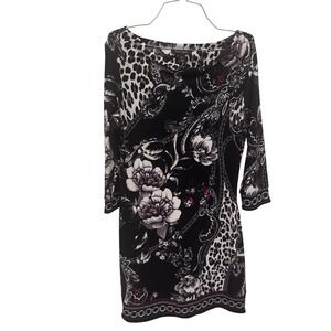 White‎ House Black Market Women's Black Floral Print 3/4 Sleeve Dress Size M EUC